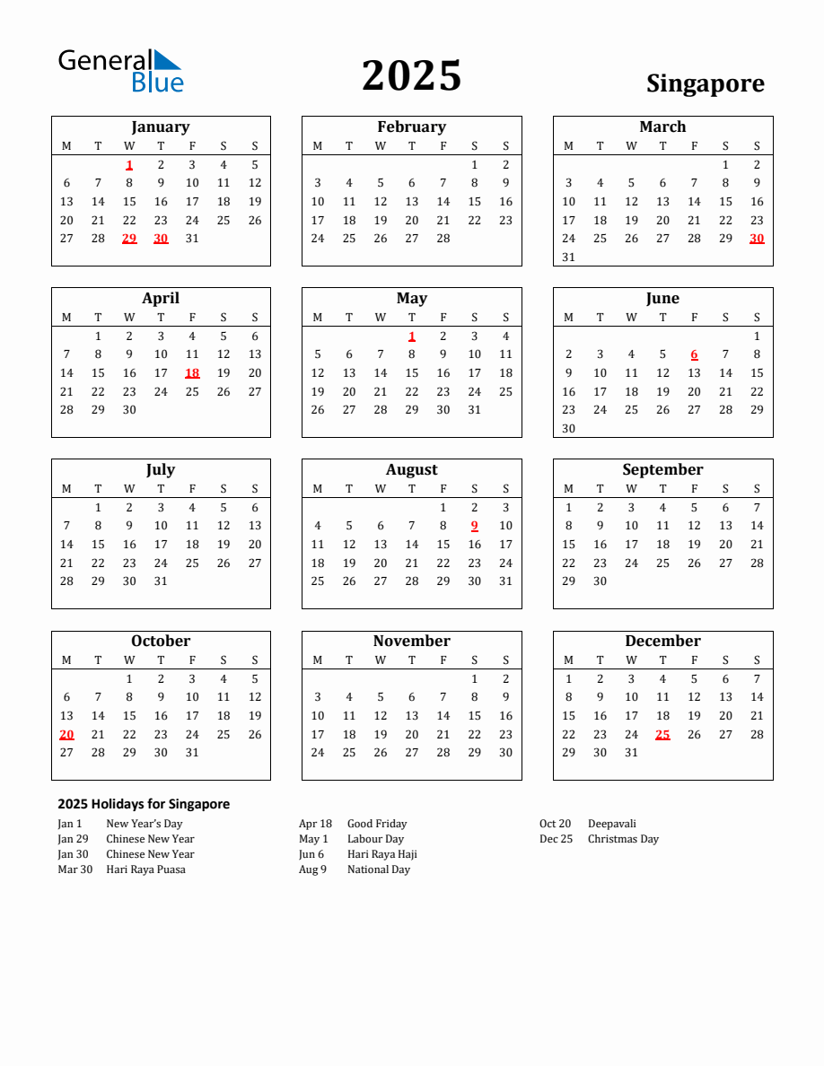 Free Printable 2025 Singapore Holiday Calendar