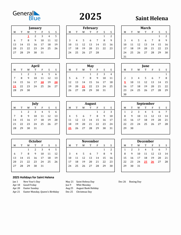 2025 Saint Helena Holiday Calendar - Monday Start