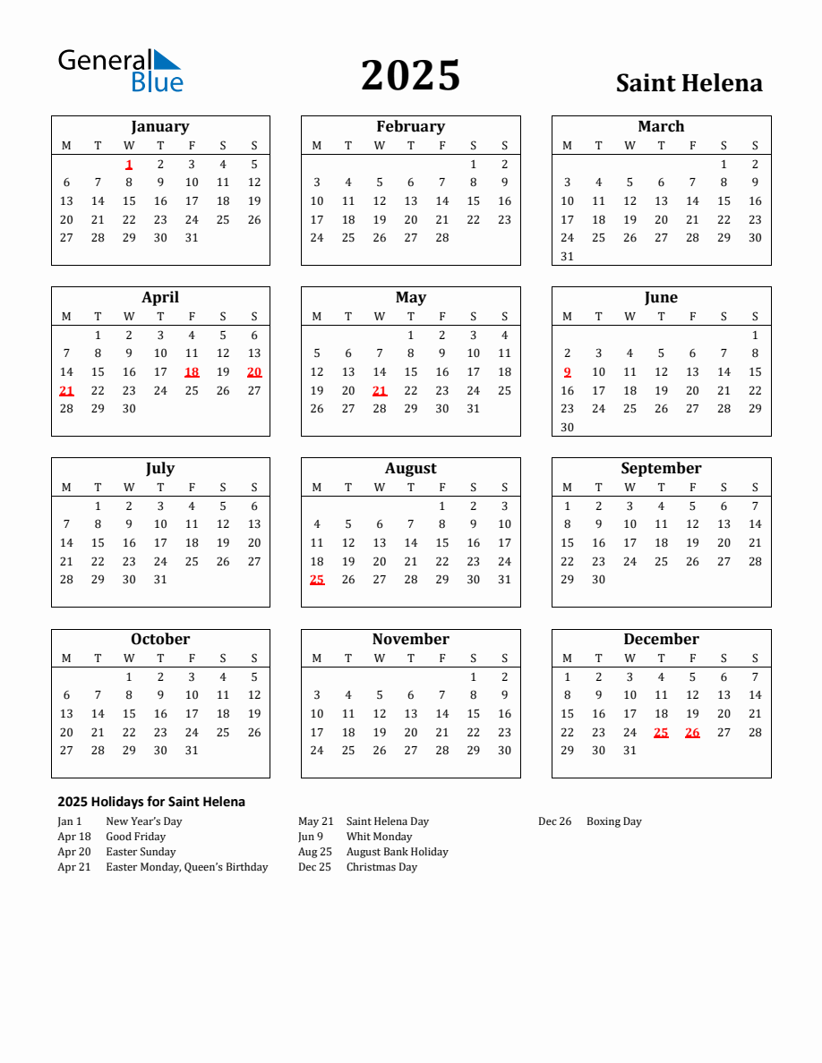 Free Printable 2025 Saint Helena Holiday Calendar