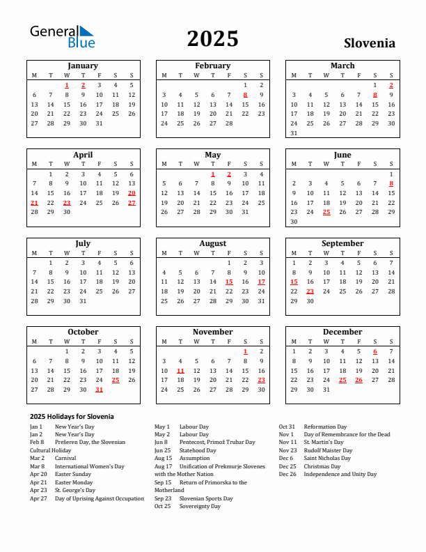 2025 Slovenia Holiday Calendar - Monday Start