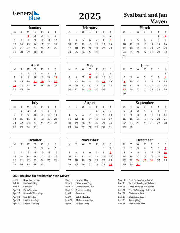 2025 Svalbard and Jan Mayen Holiday Calendar - Monday Start