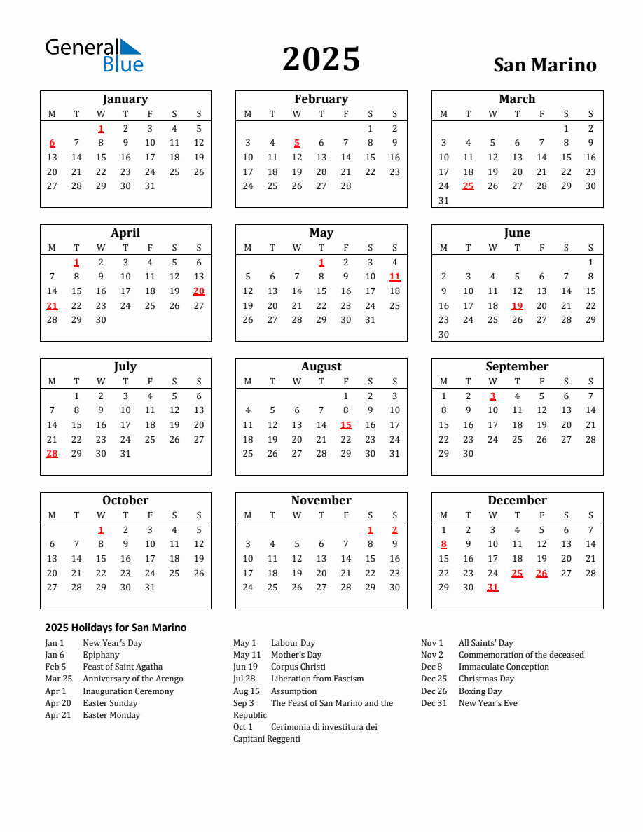 Free Printable 2025 San Marino Holiday Calendar