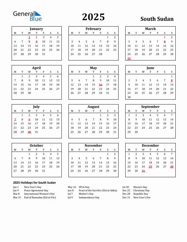 2025 South Sudan Holiday Calendar - Monday Start
