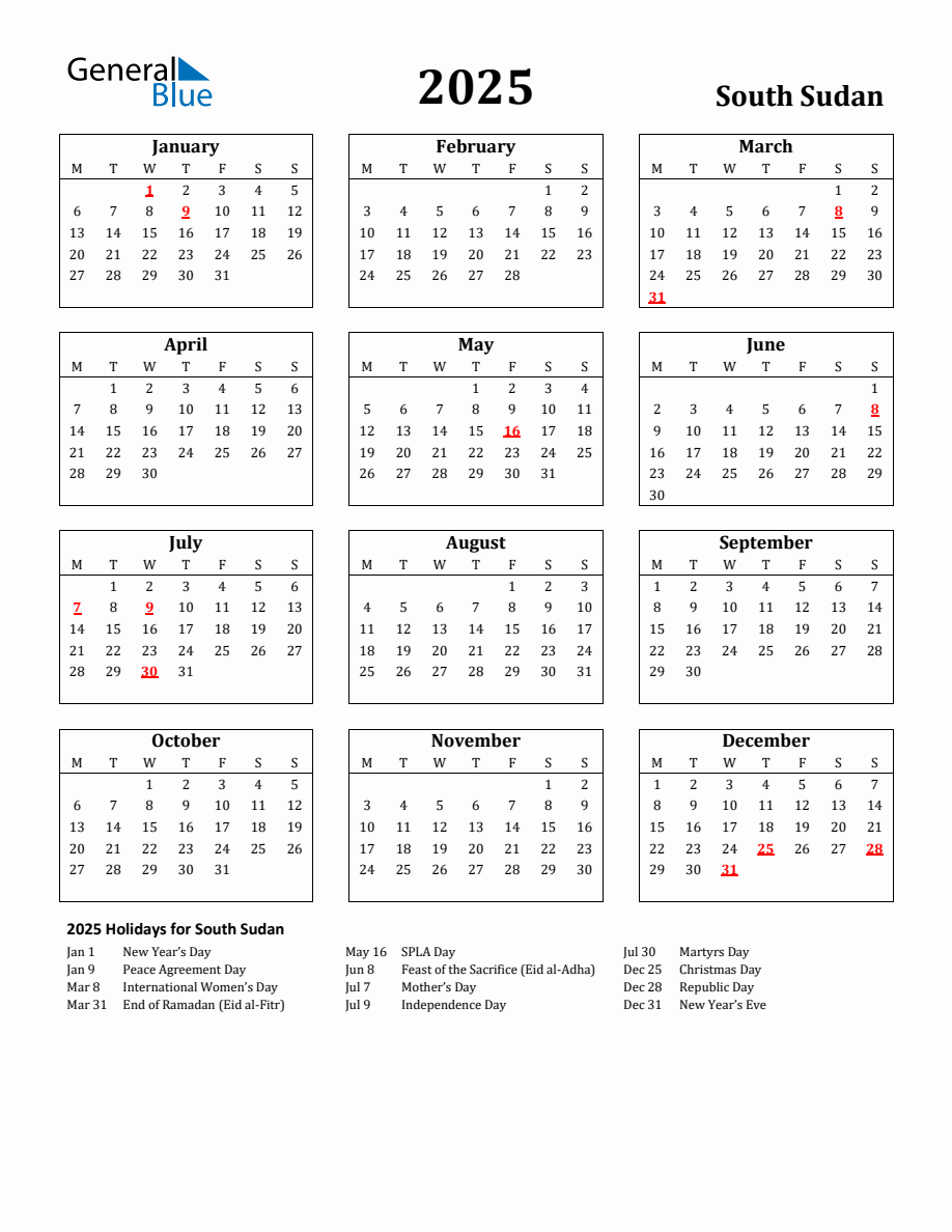 Free Printable 2025 South Sudan Holiday Calendar