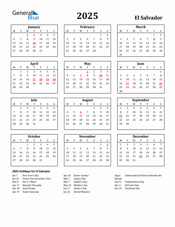 2025 El Salvador Holiday Calendar - Monday Start