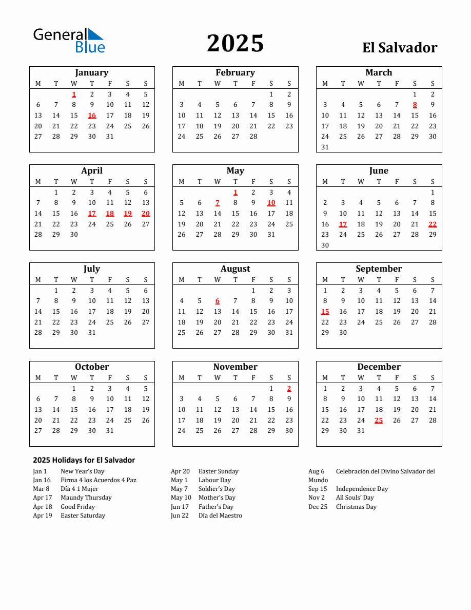 Free Printable 2025 El Salvador Holiday Calendar