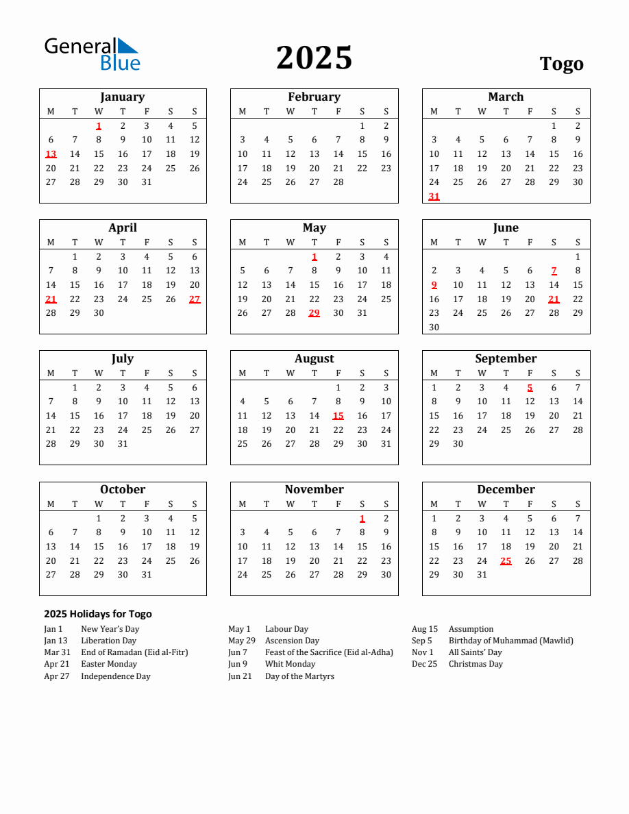 Free Printable 2025 Togo Holiday Calendar