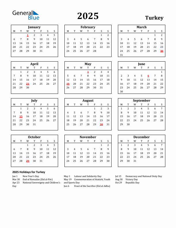 2025 Turkey Holiday Calendar - Monday Start