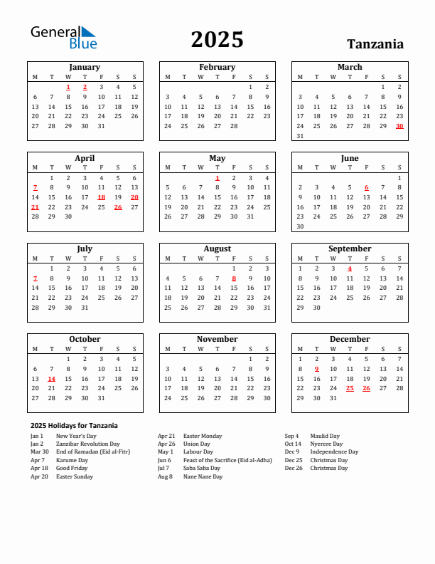 2025 Tanzania Holiday Calendar - Monday Start