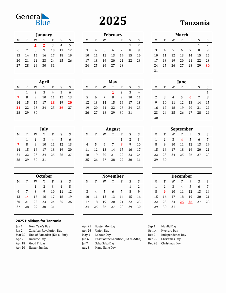 Calendar 2025 With Holidays Tanzania 