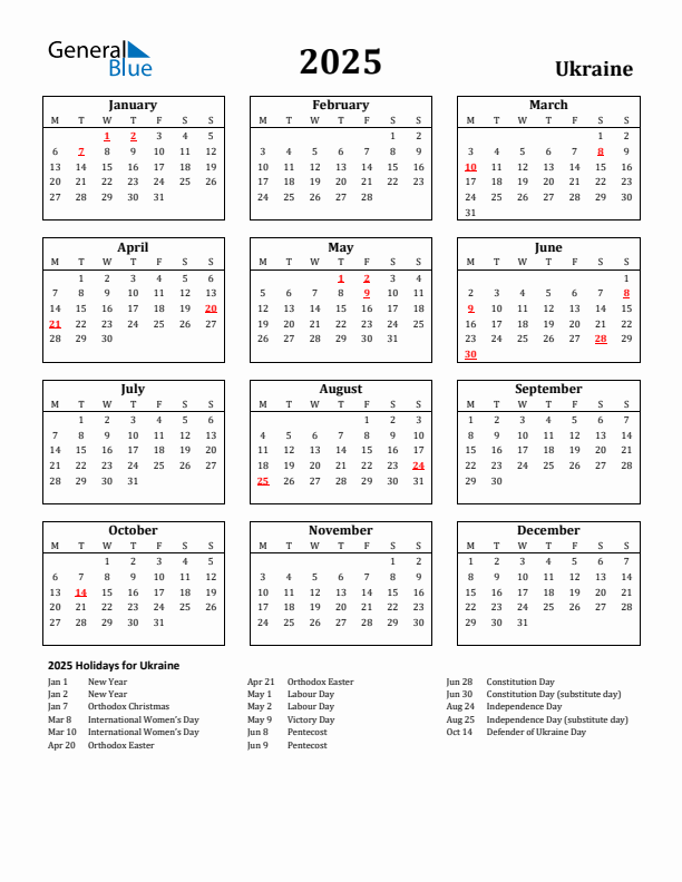 2025 Ukraine Holiday Calendar - Monday Start