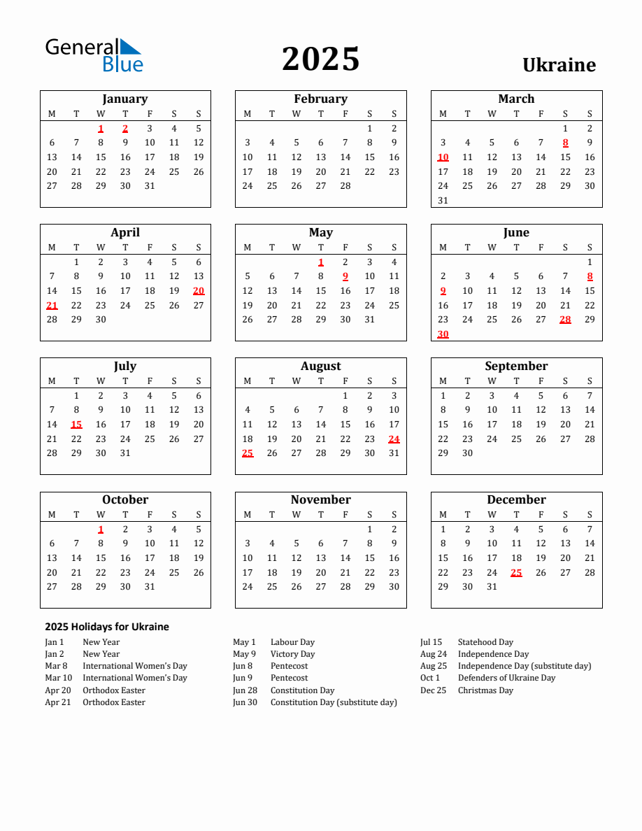 Free Printable 2025 Ukraine Holiday Calendar