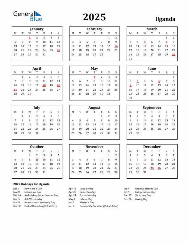 2025 Uganda Holiday Calendar - Monday Start