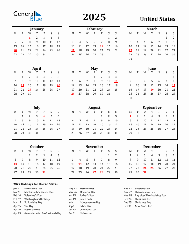 2025 United States Holiday Calendar - Monday Start