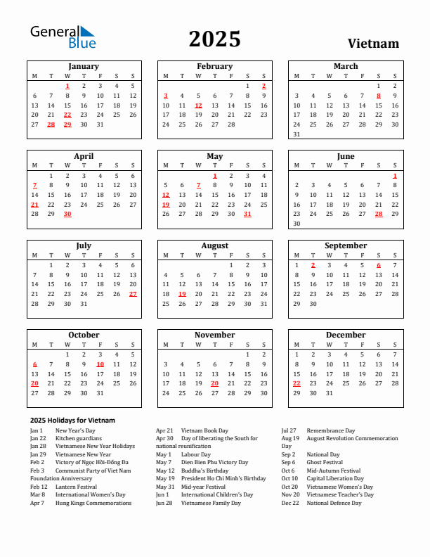 2025 Vietnam Holiday Calendar - Monday Start
