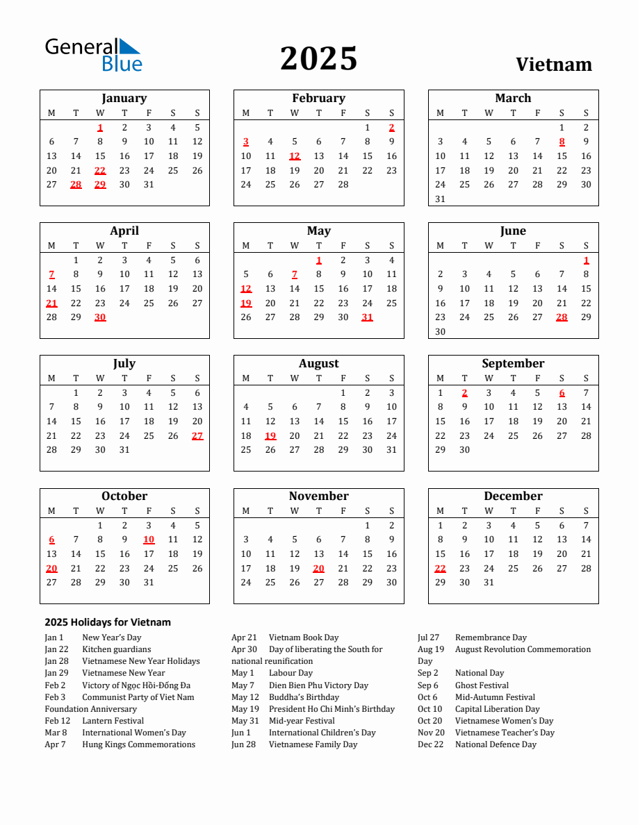 Free Printable 2025 Vietnam Holiday Calendar