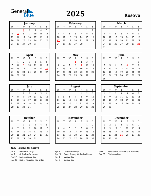 2025 Kosovo Holiday Calendar - Monday Start