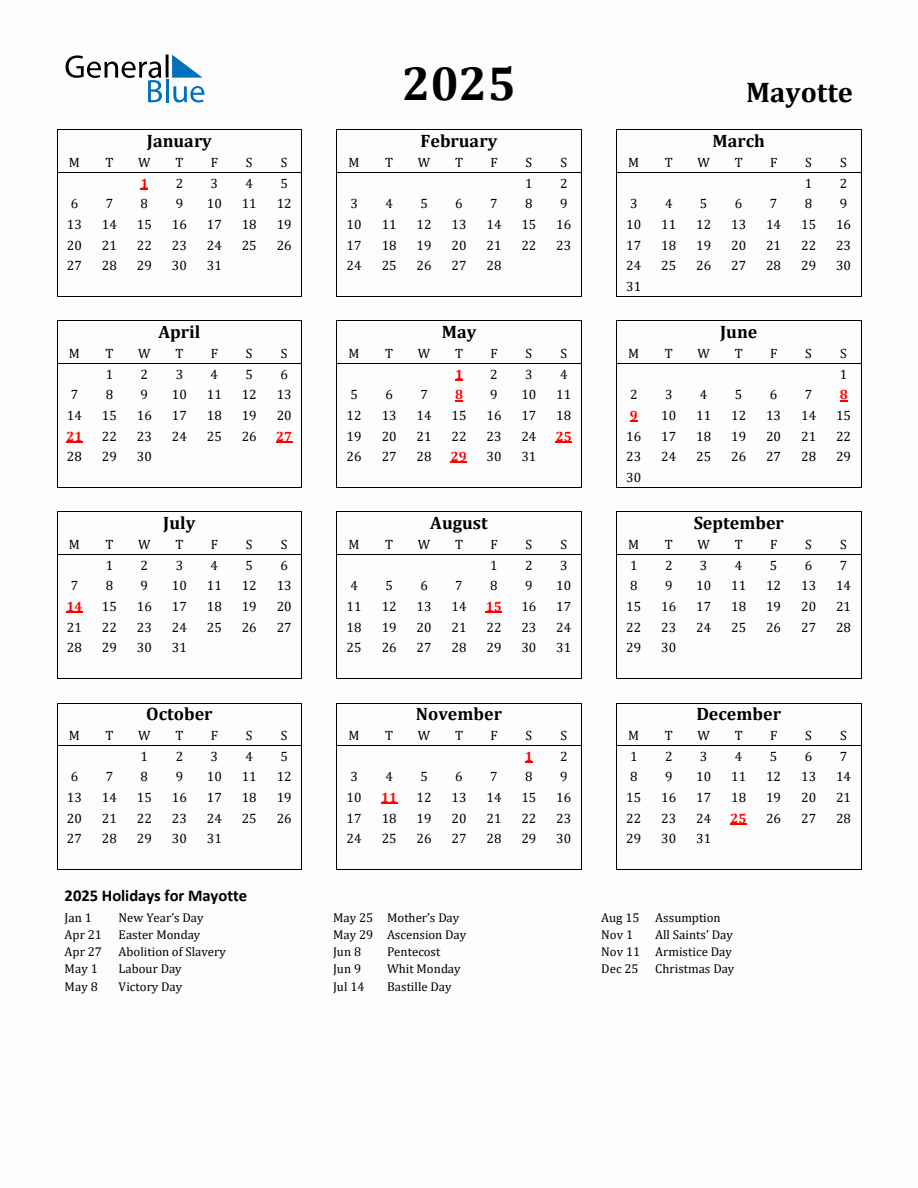 Free Printable 2025 Mayotte Holiday Calendar