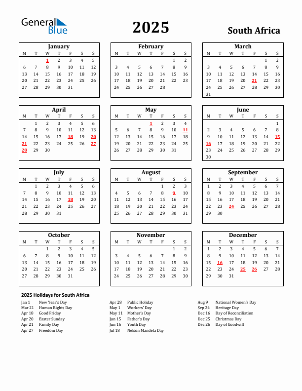 2025 South Africa Holiday Calendar - Monday Start