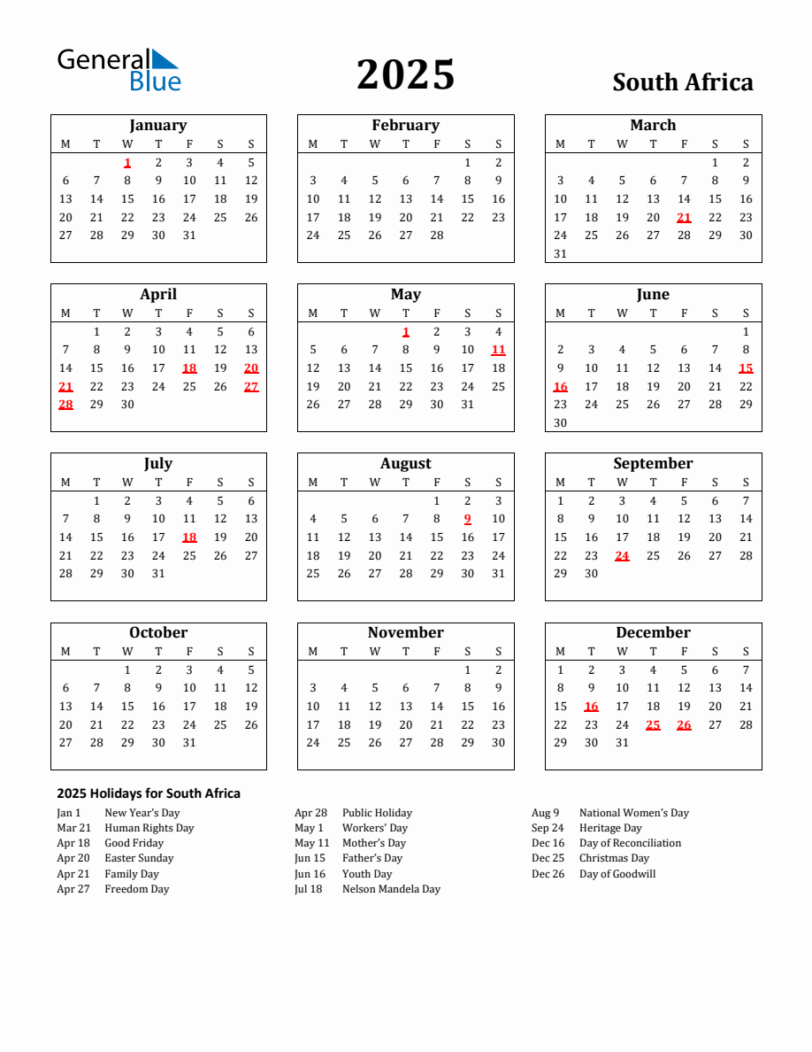 Free Printable 2025 South Africa Holiday Calendar