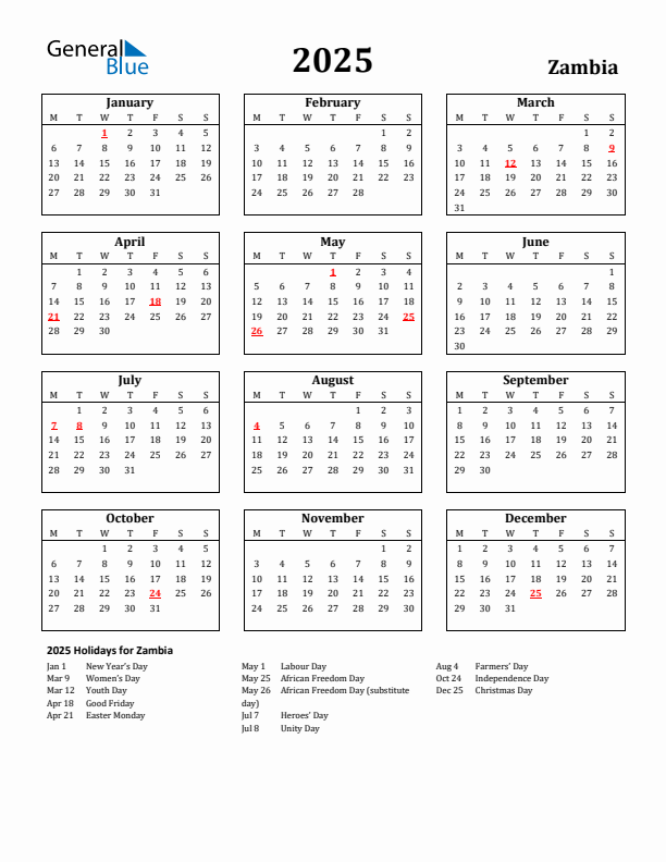 2025 Zambia Holiday Calendar - Monday Start