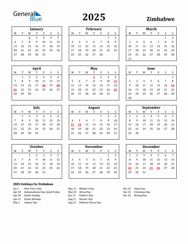 2025 Zimbabwe Holiday Calendar - Monday Start