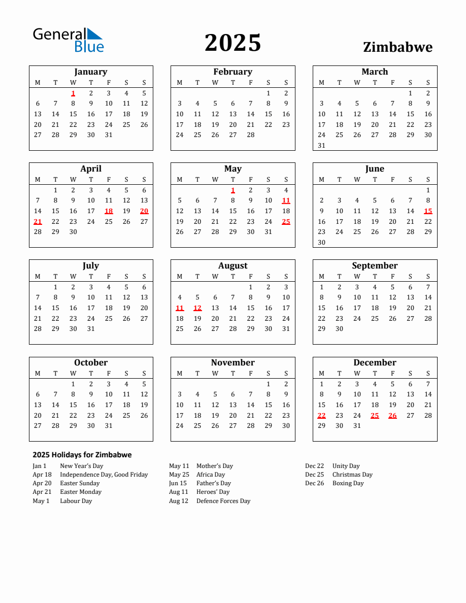 Free Printable 2025 Zimbabwe Holiday Calendar