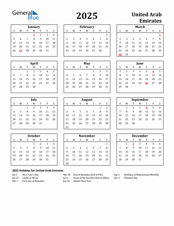 2025 United Arab Emirates Holiday Calendar - Sunday Start