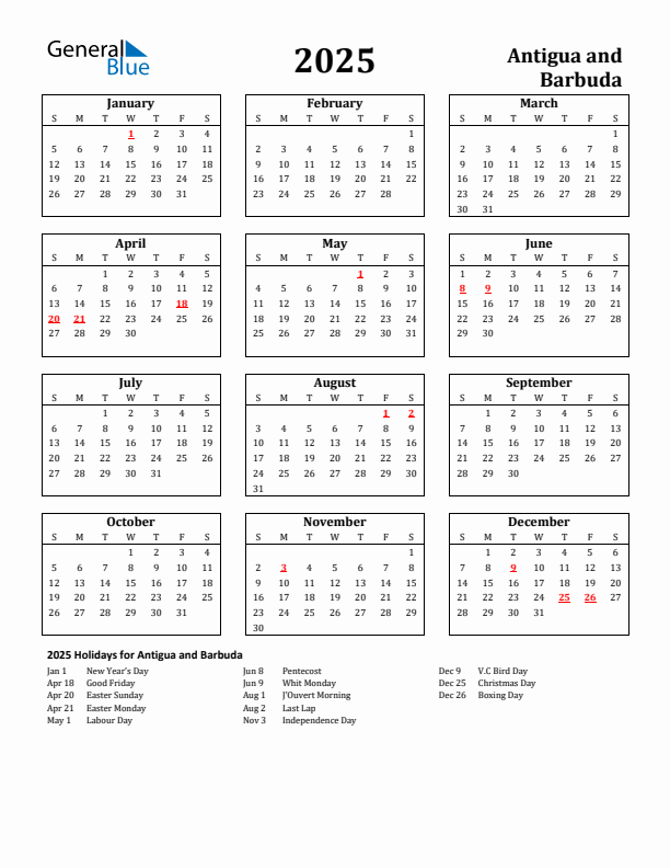 2025 Antigua and Barbuda Holiday Calendar - Sunday Start