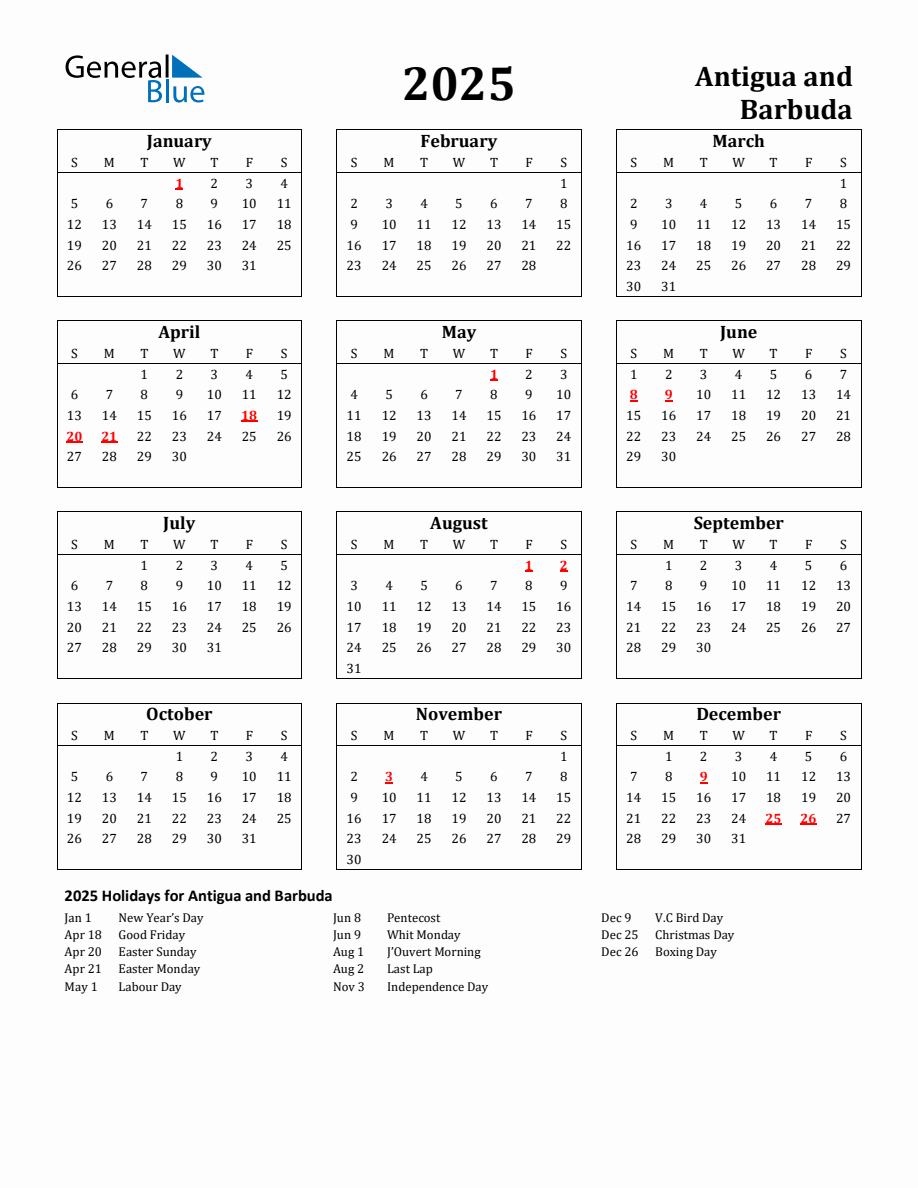 Free Printable 2025 Antigua and Barbuda Holiday Calendar