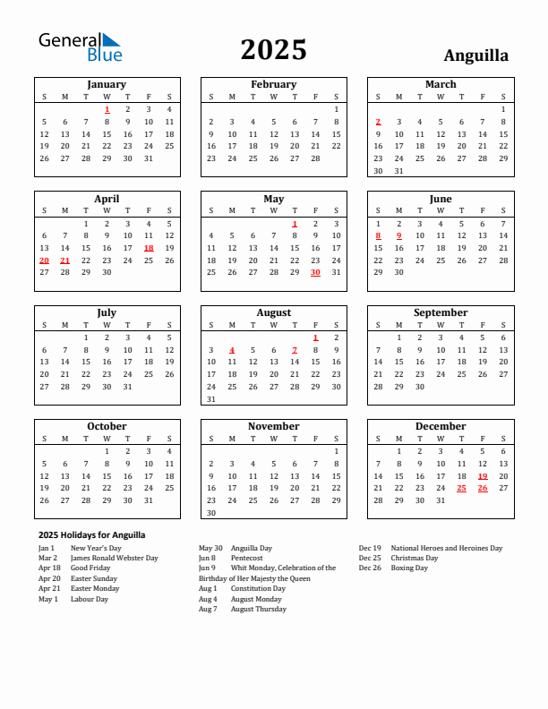 2025 Anguilla Holiday Calendar - Sunday Start
