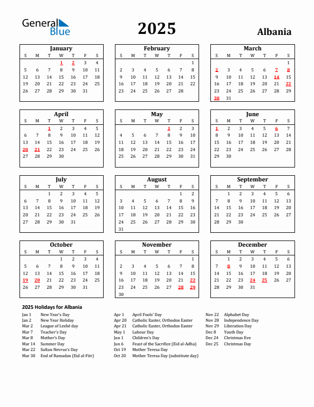 2025 Albania Holiday Calendar - Sunday Start