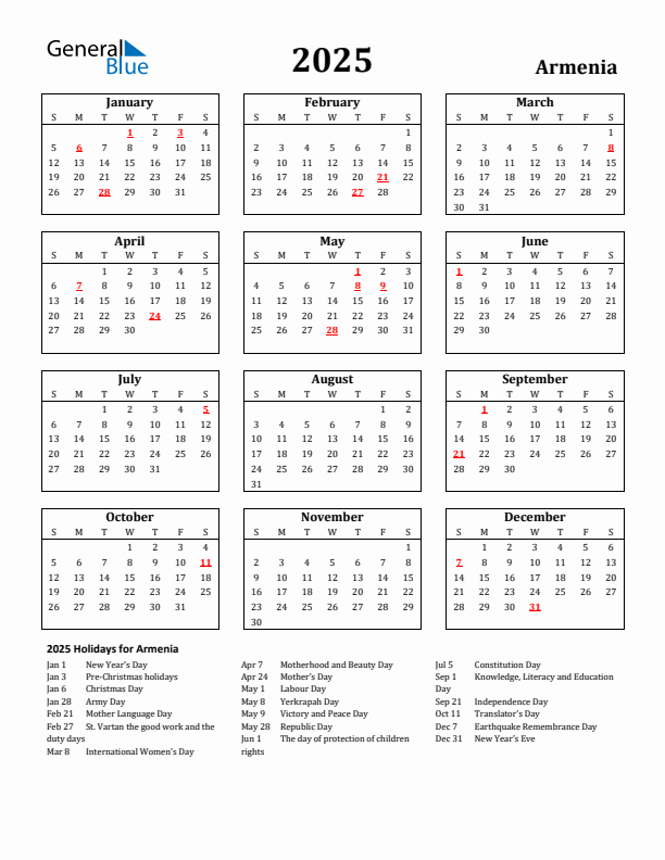 2025 Armenia Holiday Calendar - Sunday Start