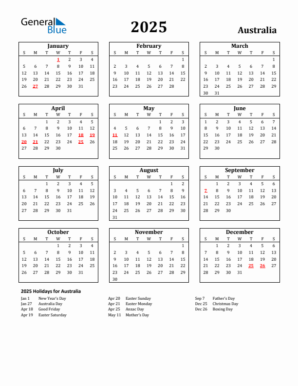 2025 Australia Holiday Calendar - Sunday Start