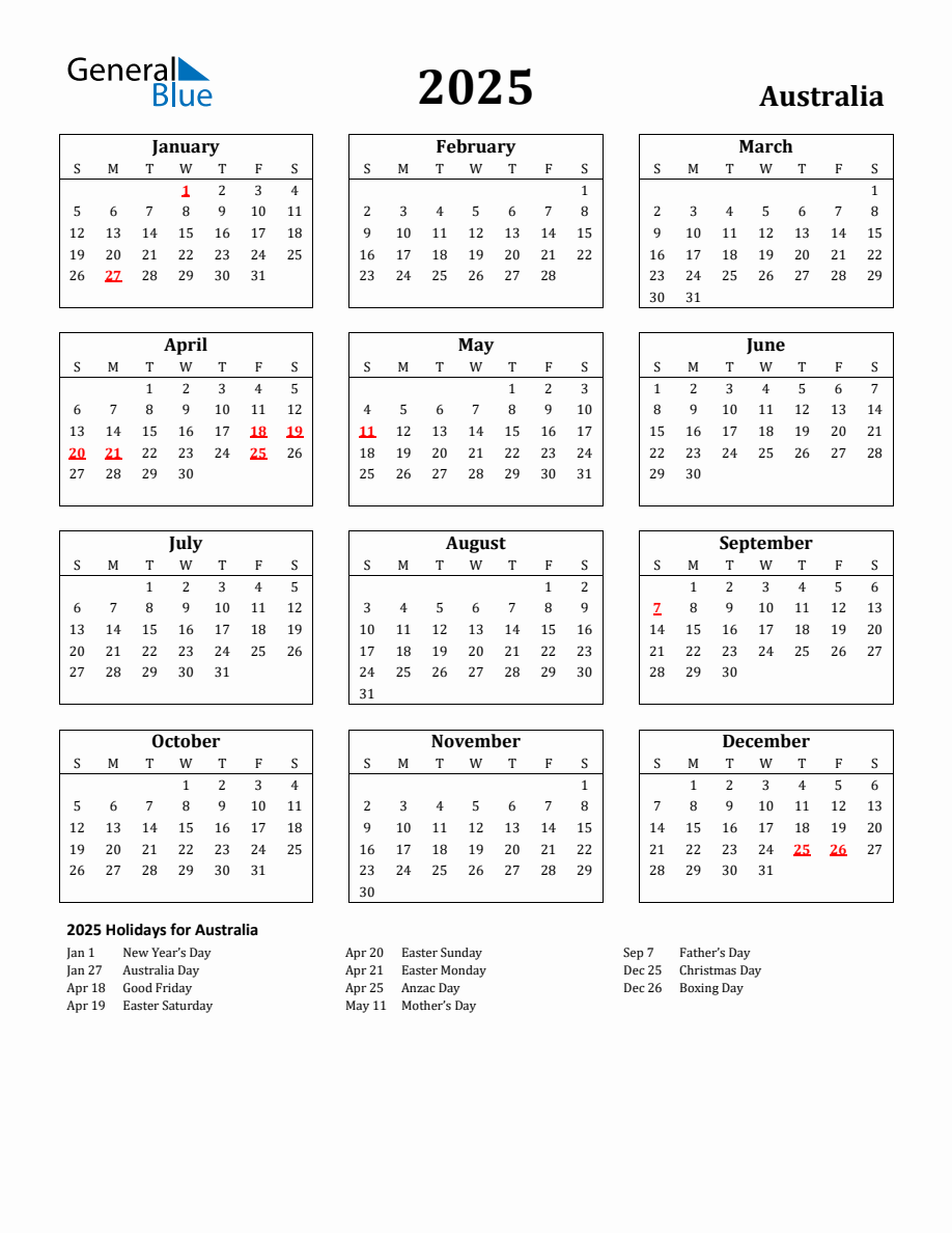 2025 Calendar Australia Printable