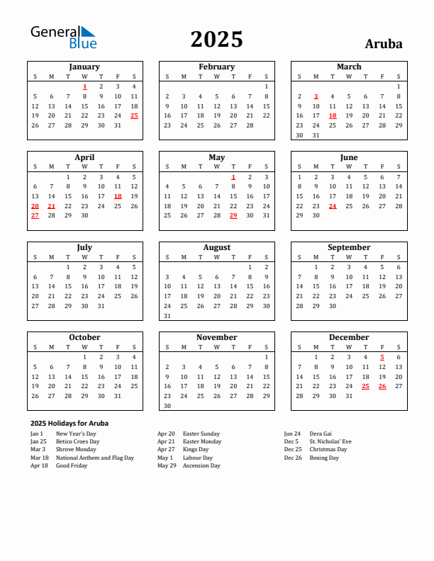 2025 Aruba Holiday Calendar - Sunday Start