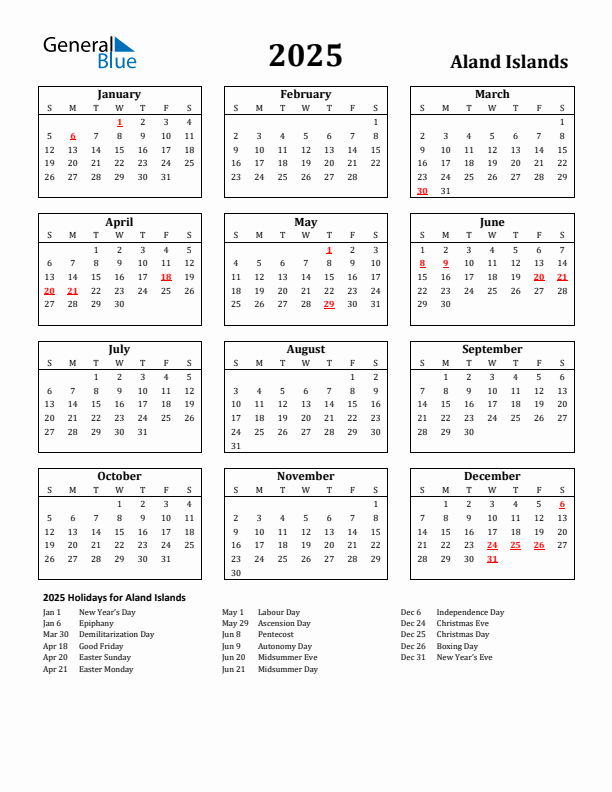 2025 Aland Islands Holiday Calendar - Sunday Start