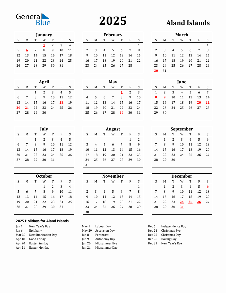 Free Printable 2025 Aland Islands Holiday Calendar