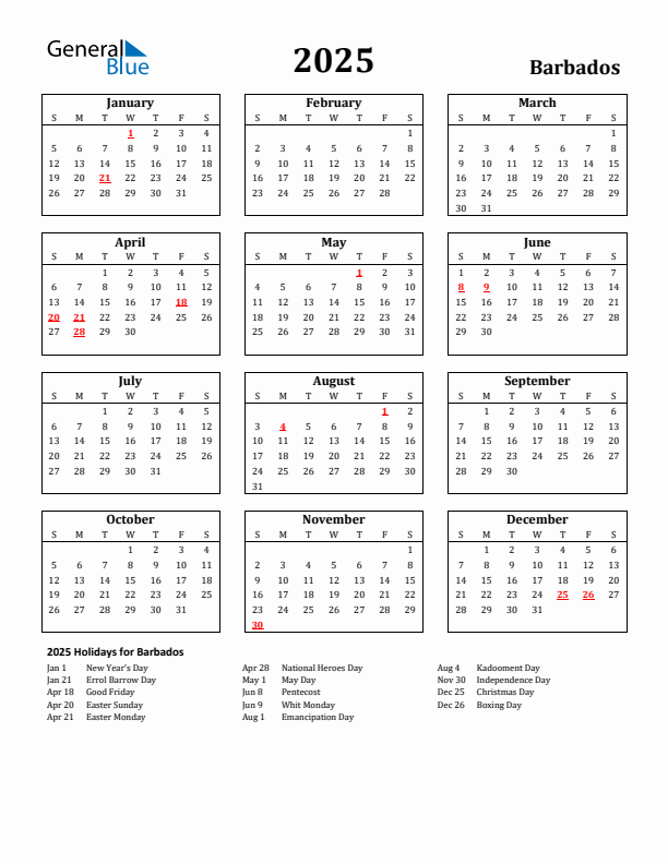 2025 Barbados Holiday Calendar - Sunday Start