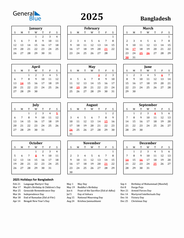 2025 Bangladesh Holiday Calendar - Sunday Start
