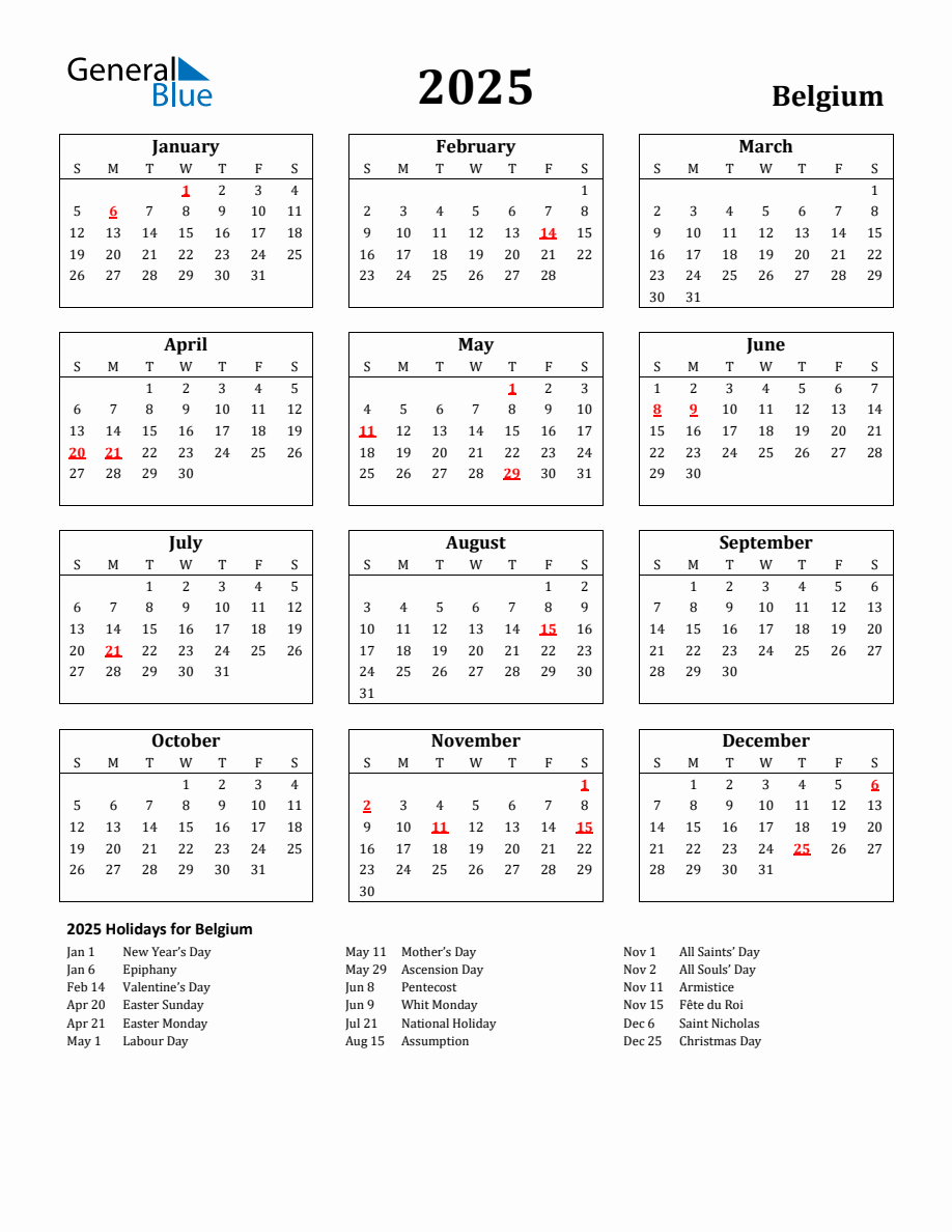 Free Printable 2025 Belgium Holiday Calendar