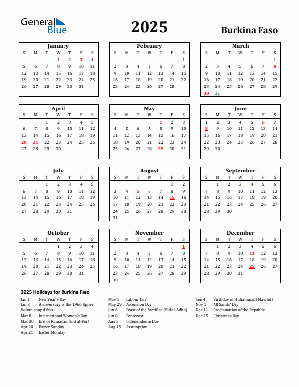2025 Burkina Faso Holiday Calendar - Sunday Start