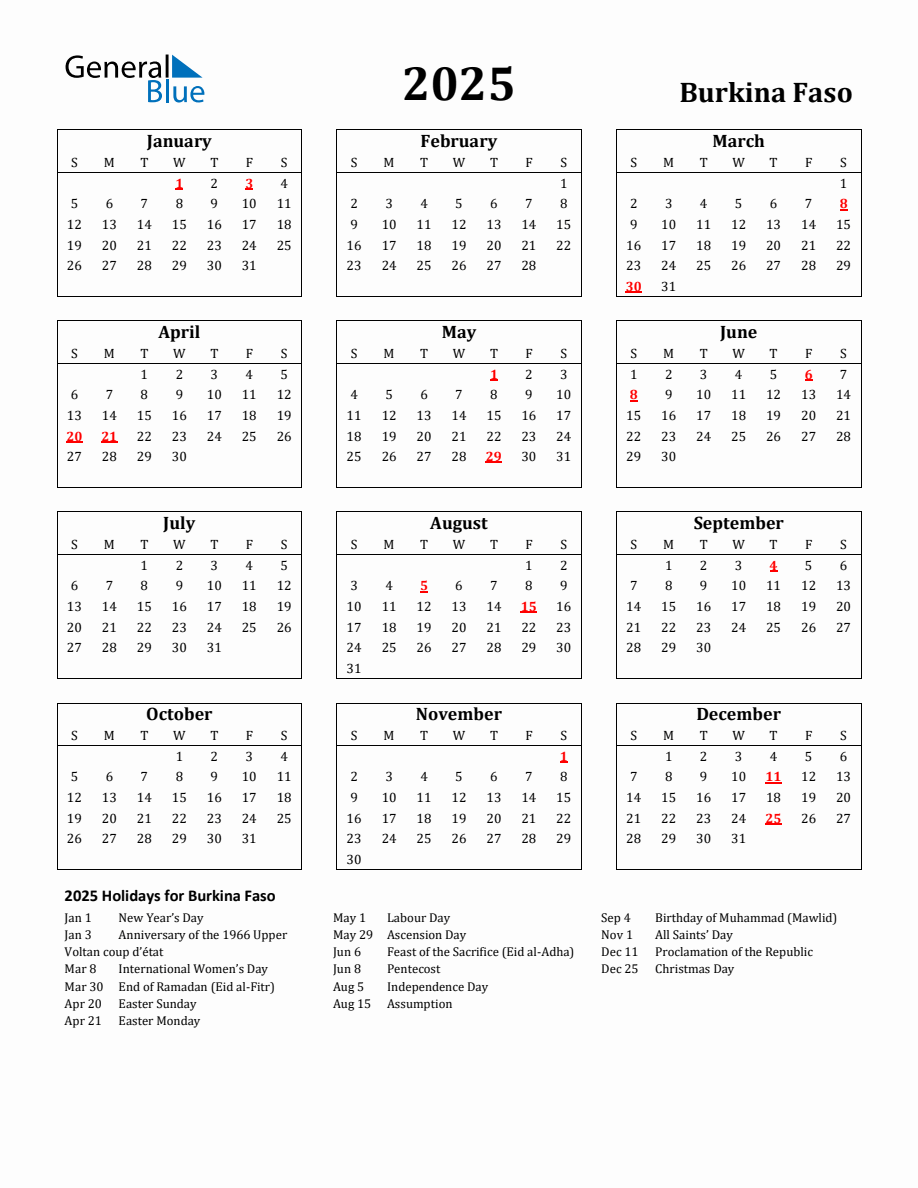 Free Printable 2025 Burkina Faso Holiday Calendar