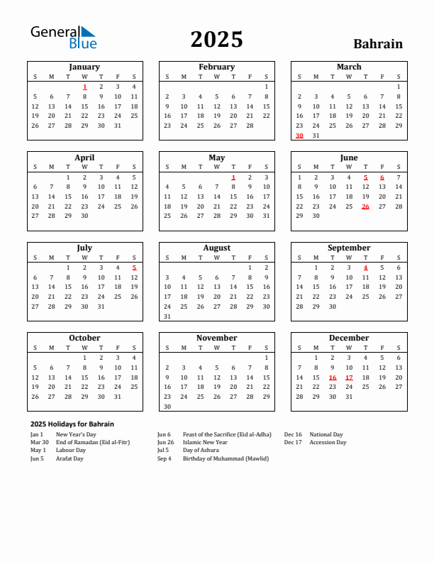 2025 Bahrain Holiday Calendar - Sunday Start