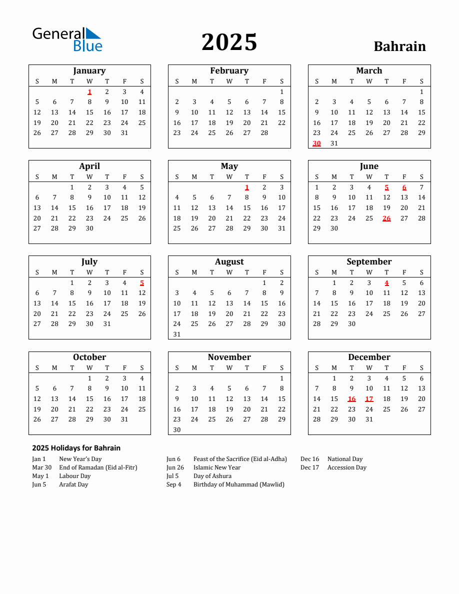 Free Printable 2025 Bahrain Holiday Calendar