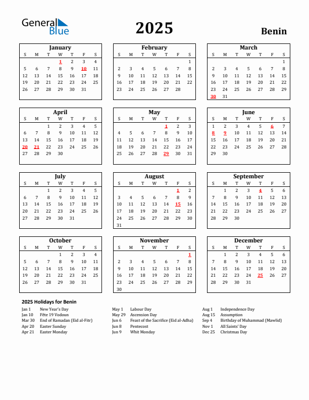 2025 Benin Holiday Calendar - Sunday Start
