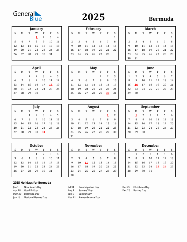 2025 Bermuda Holiday Calendar - Sunday Start
