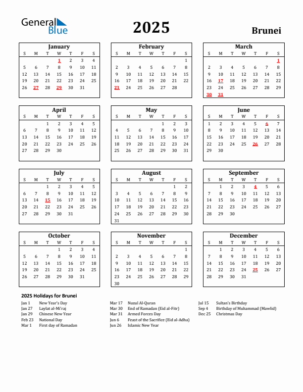 2025 Brunei Holiday Calendar - Sunday Start