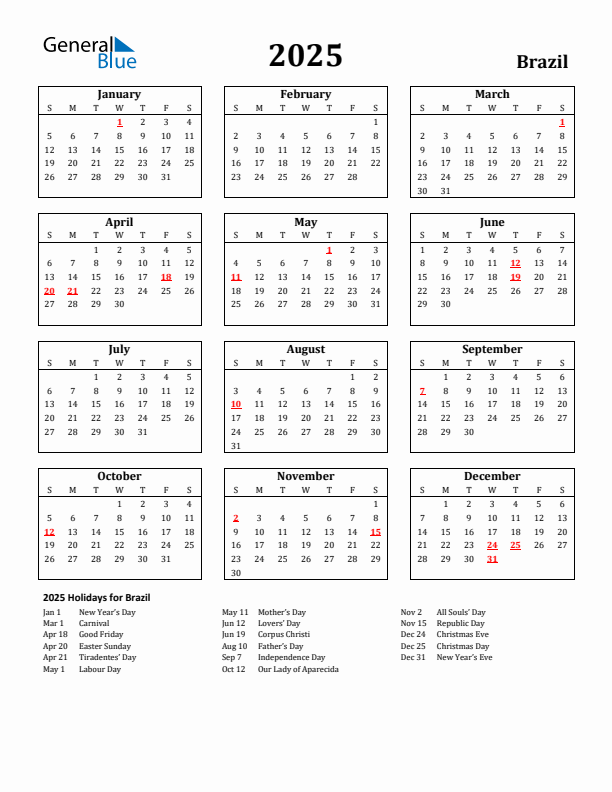 2025 Brazil Holiday Calendar - Sunday Start