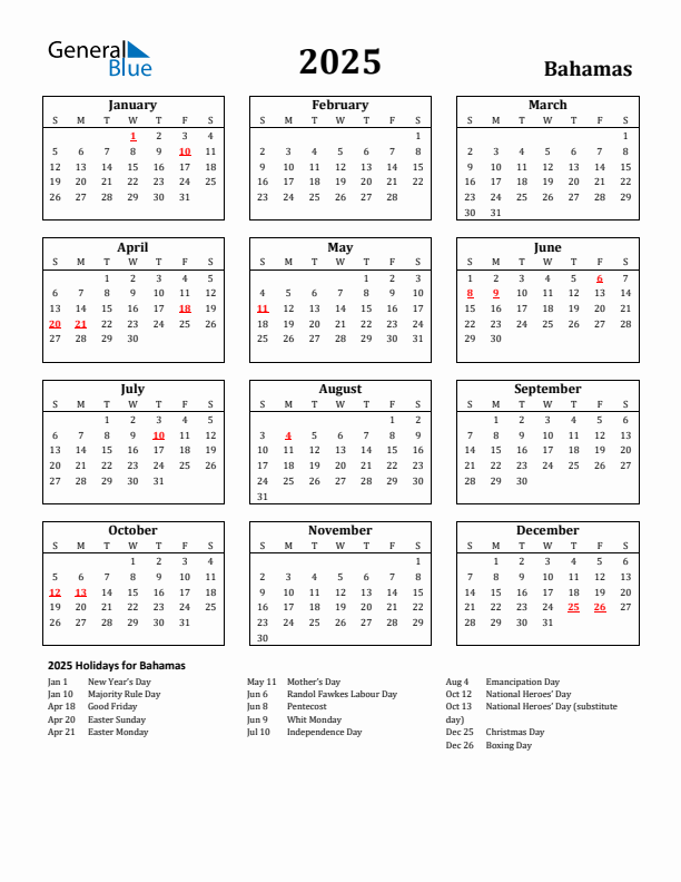 2025 Bahamas Holiday Calendar - Sunday Start